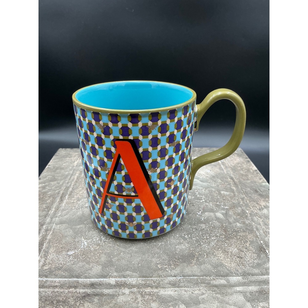 Anthropologie Monogram Letter A Bee Geometric Coffee Mug Blue Orange Turquoise